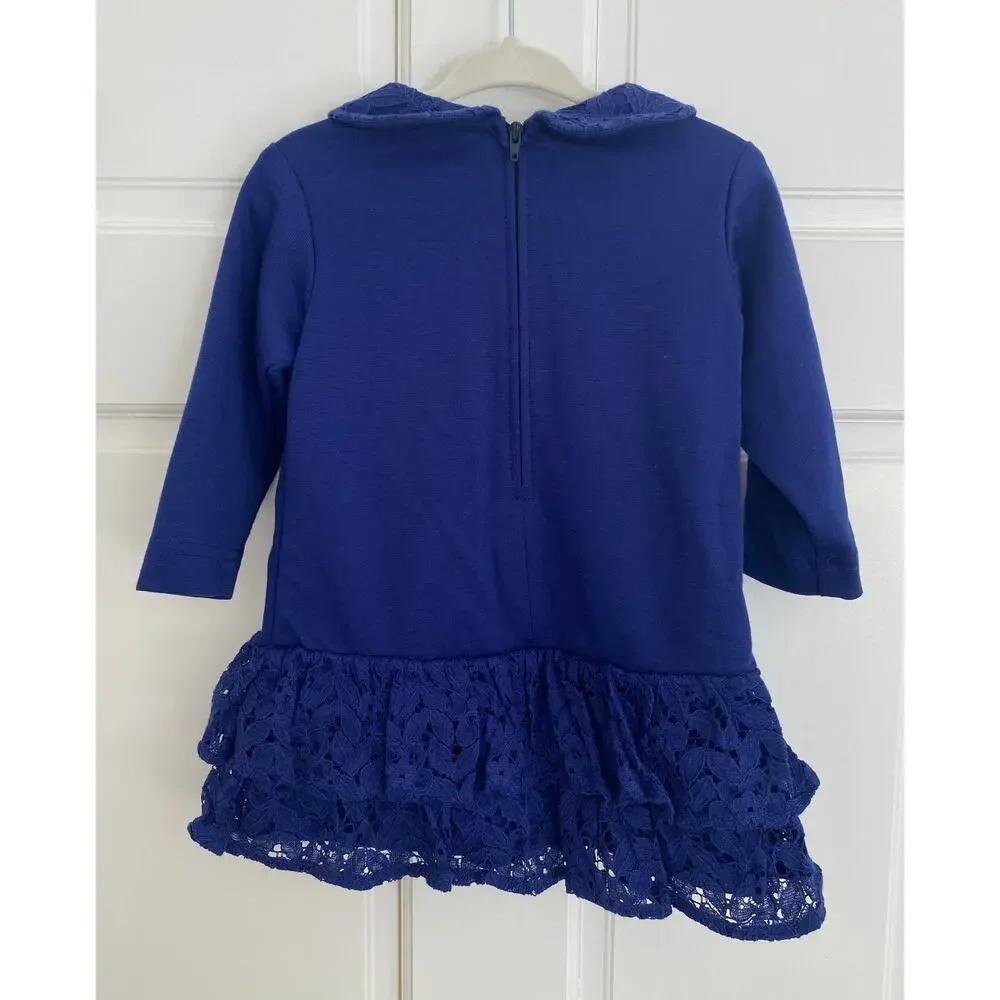 Florence Eiseman Baby Girls Dress Navy Blue Ruffle Lace Peter Pan Collar 18m